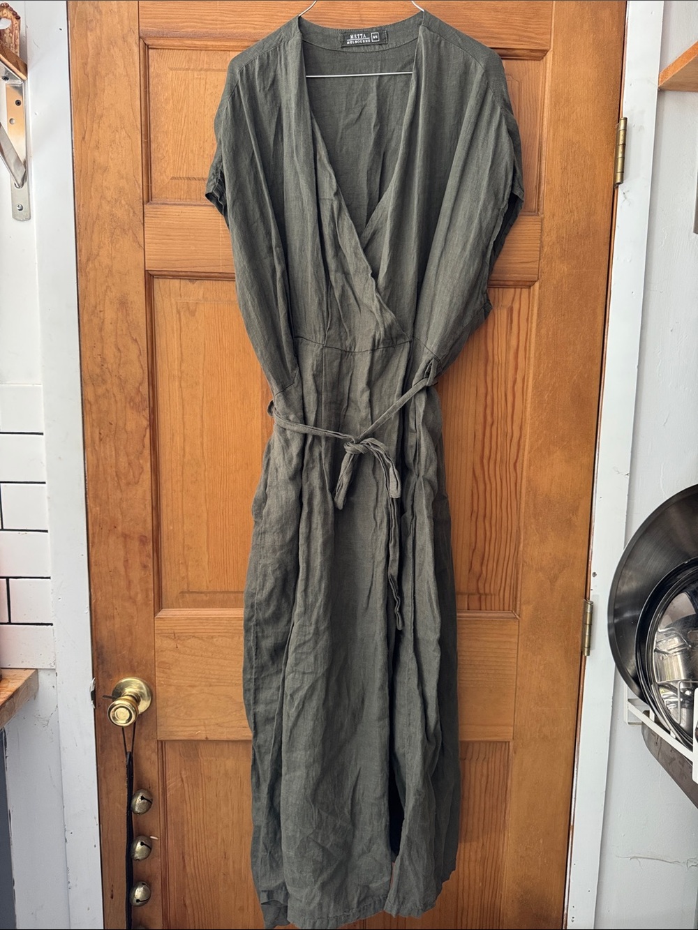 METTA MELBOURNE Washed Olive 100% Linen Wrap Maxi Dress with Tie Waist o/s